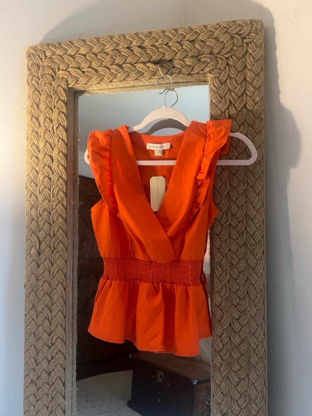Anthropologie Bright Orange Ruffled V-Neck Smocked Peplum Top